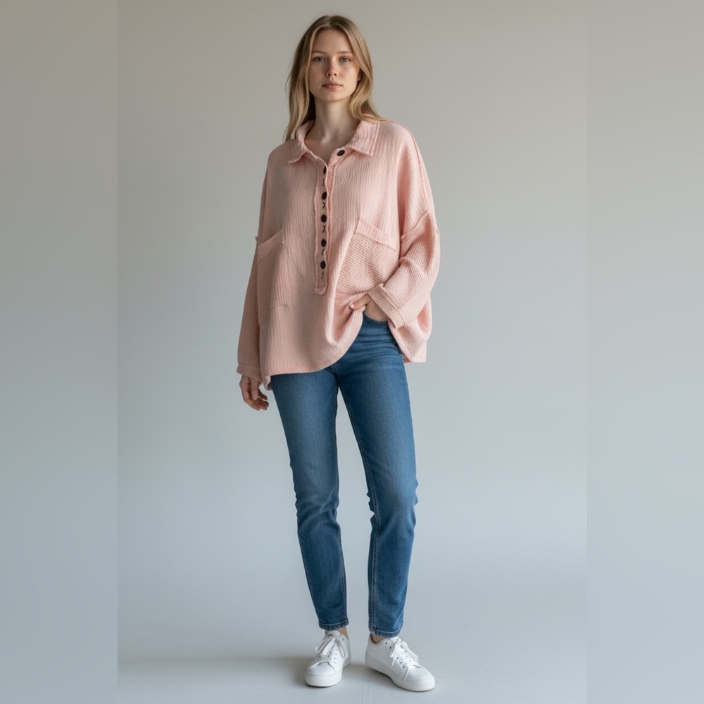 POL  Cotton Gauzy Style Buttonfront Loose Fit Pink Button-Up Waffle Knit Top - Picture 3 of 10